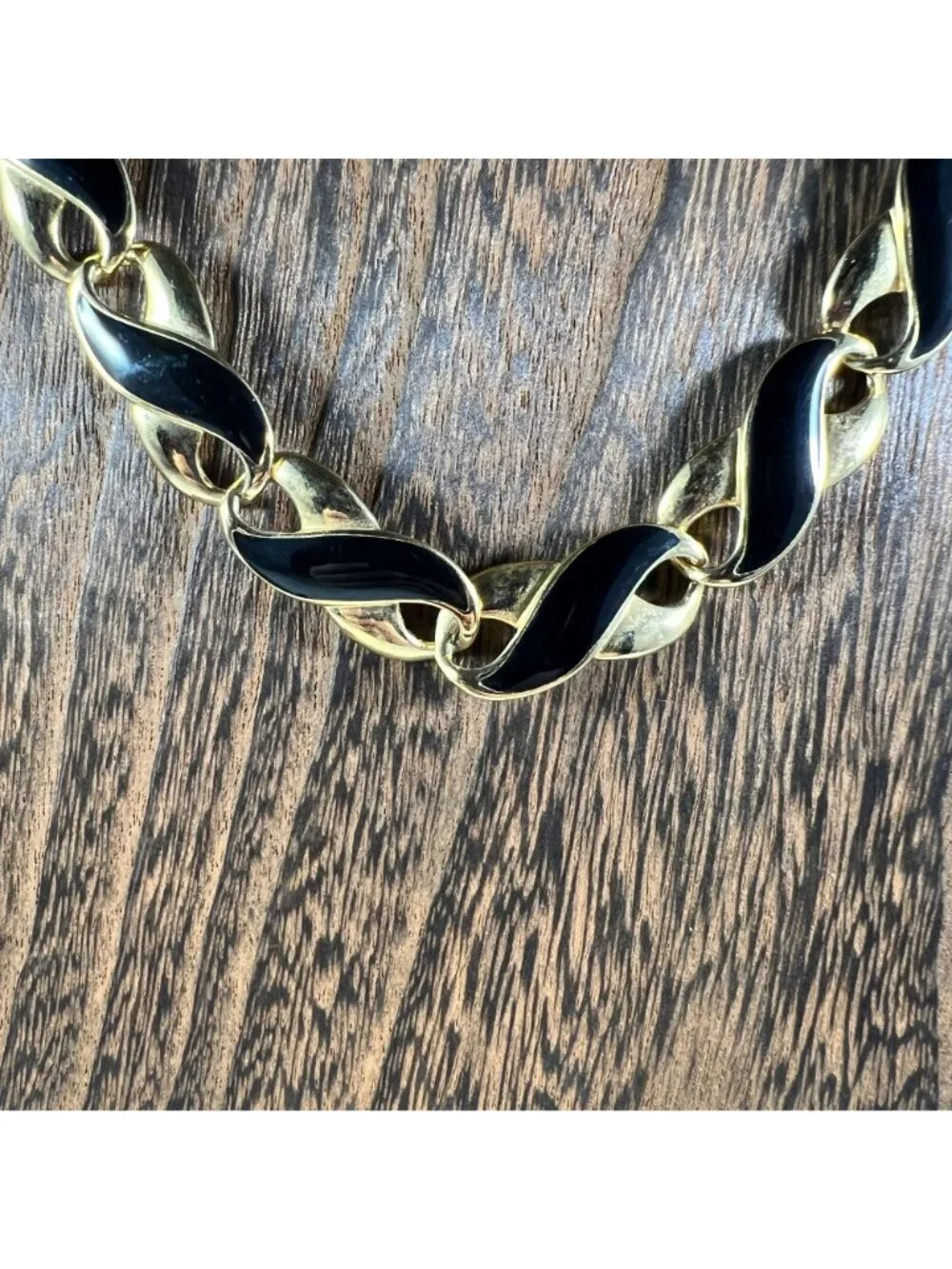 Vintage Gold Tone & Black Enamel Twist Link Necklace - Picture 2 of 3